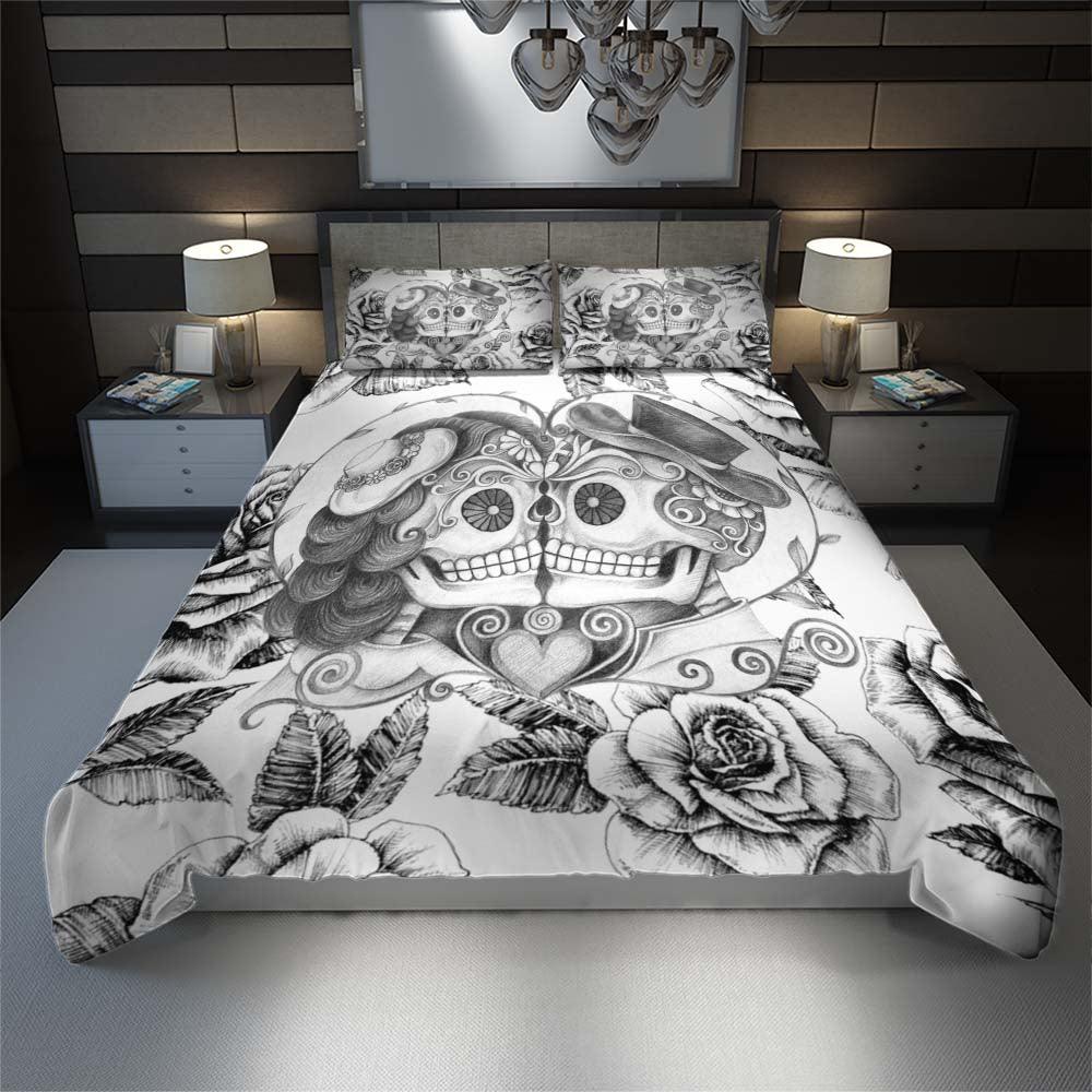 Black And White Couple Skull Love Duvet Cover Set - Wonder Skull