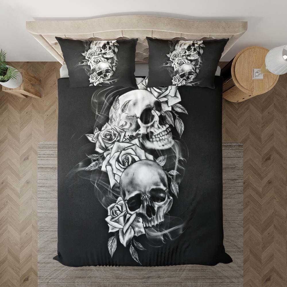 Black And White Skull Flower Duvet Cover Set - Wonder Skull