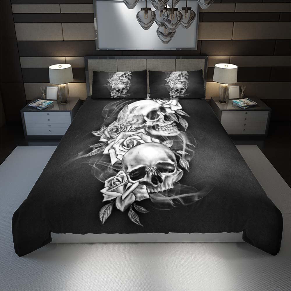 Black And White Skull Flower Duvet Cover Set - Wonder Skull