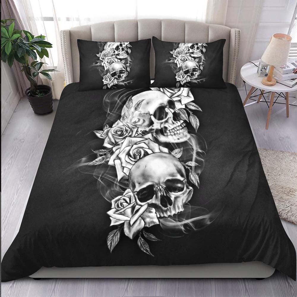 Black And White Skull Flower Duvet Cover Set - Wonder Skull