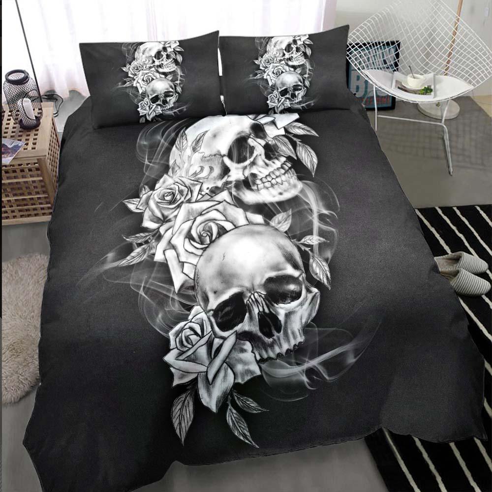 Black And White Skull Flower Duvet Cover Set - Wonder Skull