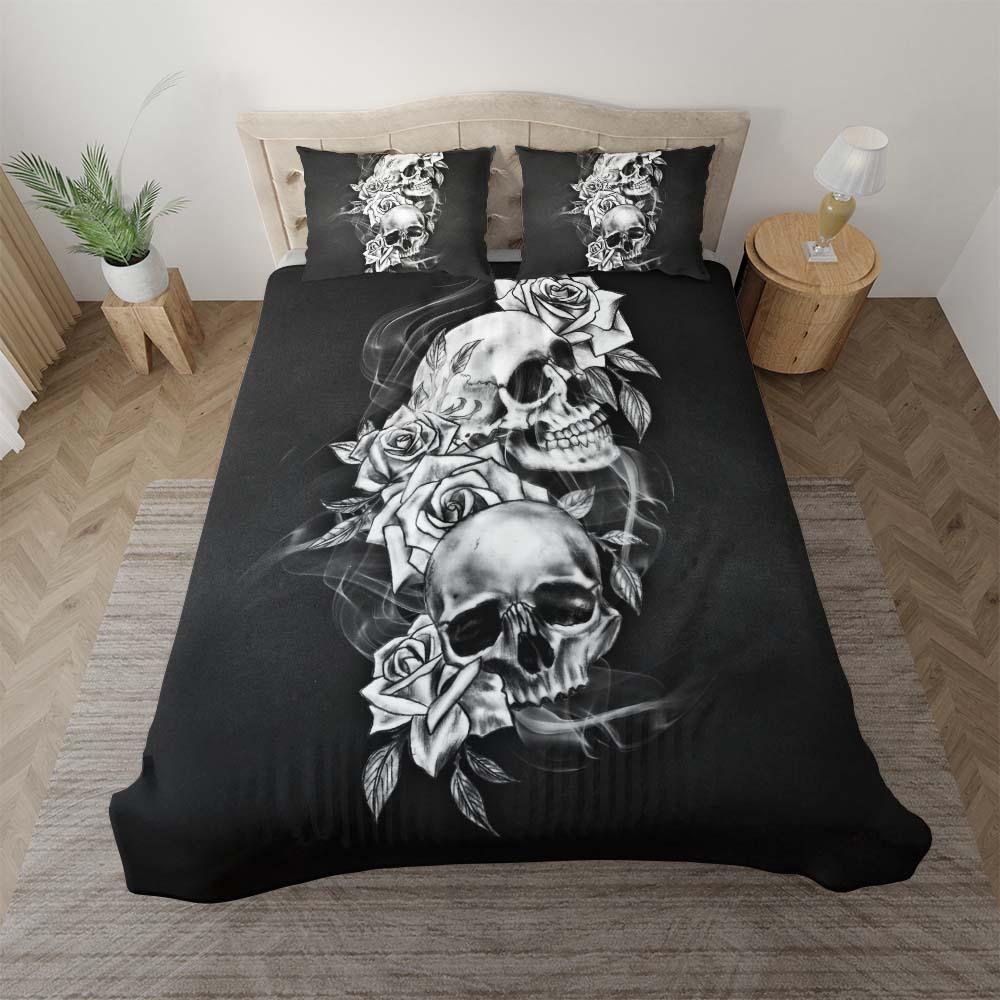 Black And White Skull Flower Duvet Cover Set - Wonder Skull