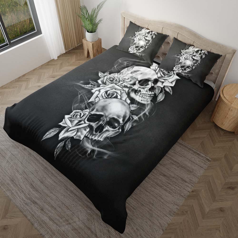 Black And White Skull Flower Duvet Cover Set - Wonder Skull