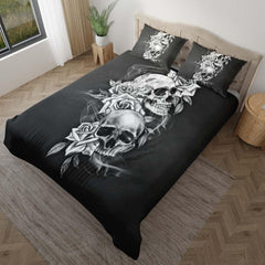 Black And White Skull Flower Duvet Cover Set - Wonder Skull