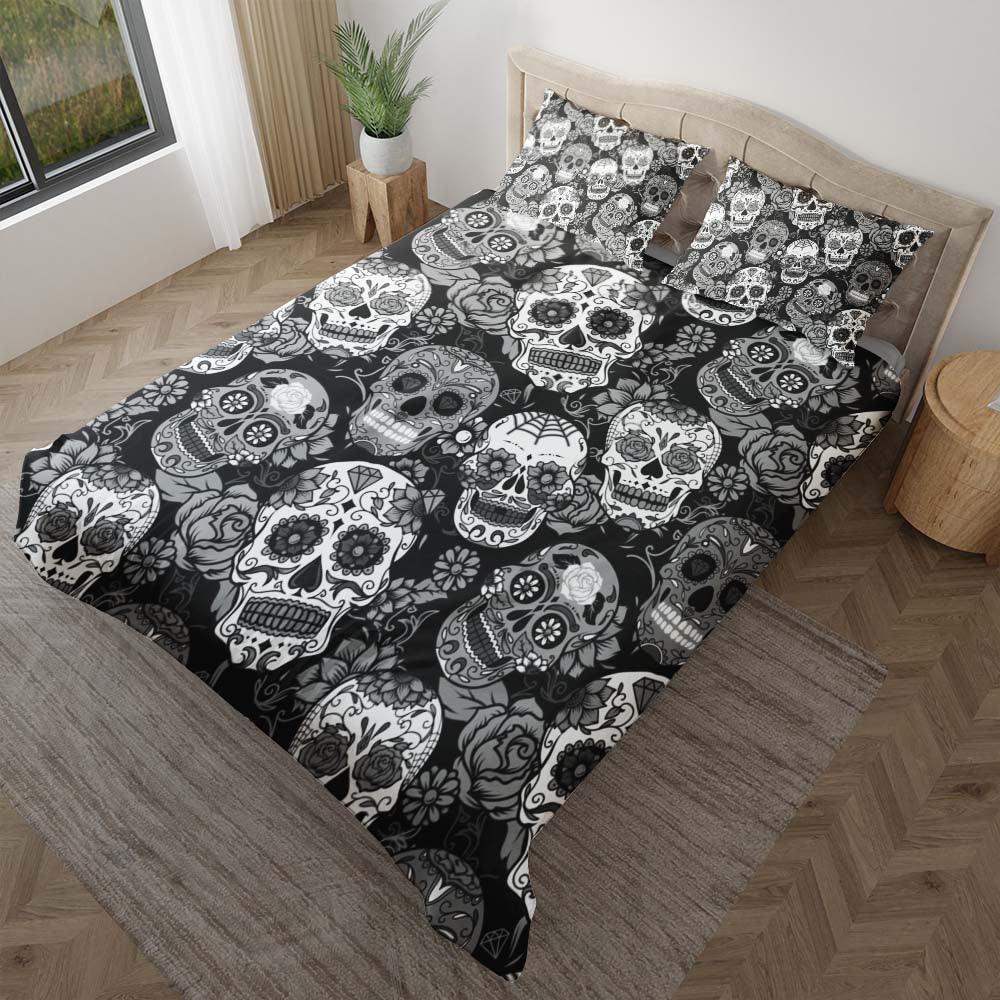 Black And White Sugar Skull Pattern Duvet Cover Set - Wonder Skull