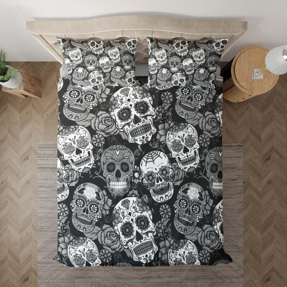 Black And White Sugar Skull Pattern Duvet Cover Set - Wonder Skull