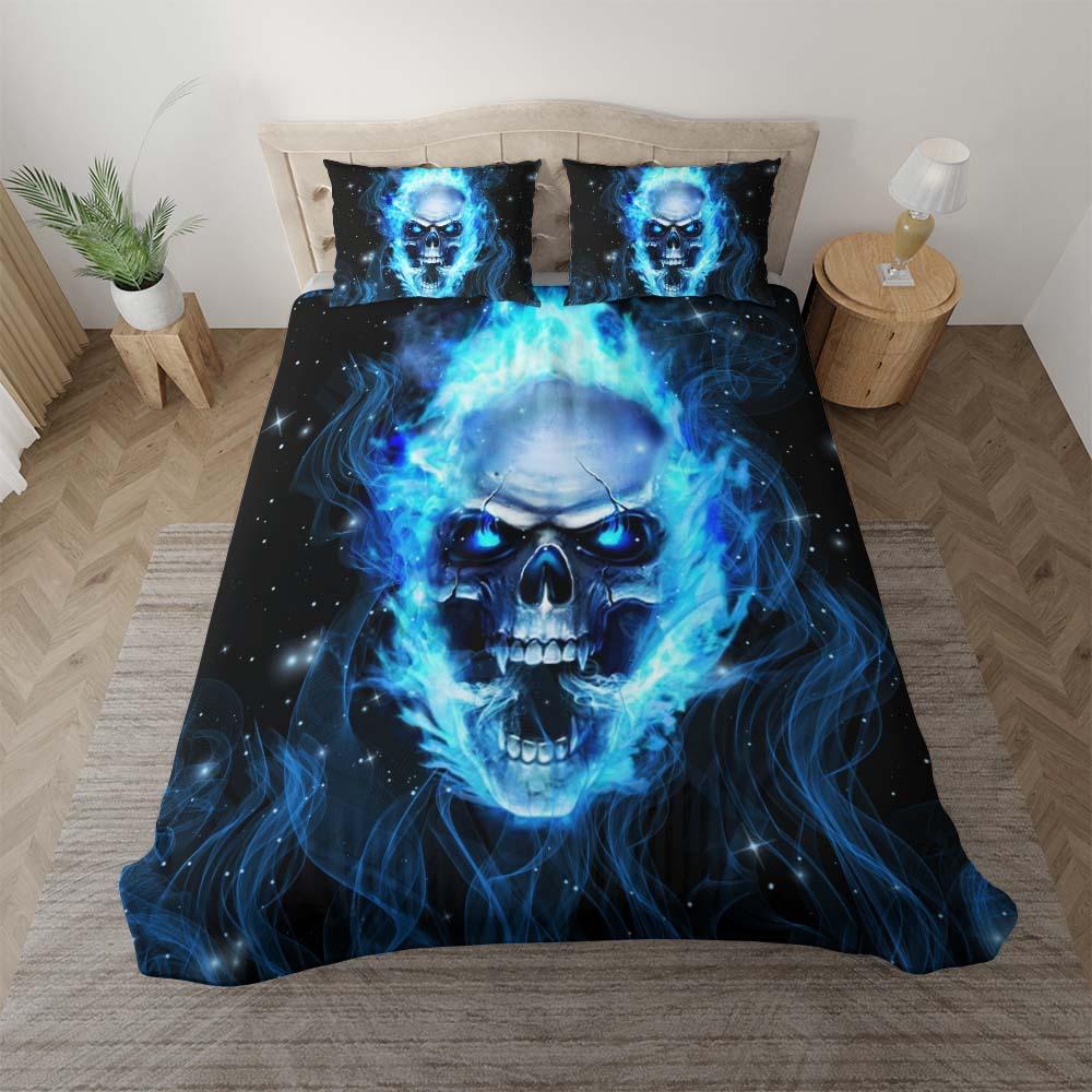 Blue Flaming Skull Duvet Cover Set - Wonder Skull