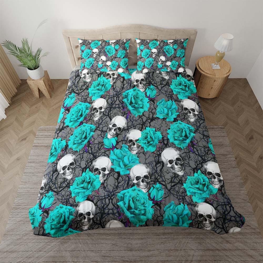 Bright Cyan Skull Rose Pattern Duvet Cover Set - Wonder Skull