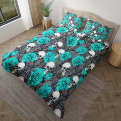 Bright Cyan Skull Rose Pattern Duvet Cover Set - Wonder Skull