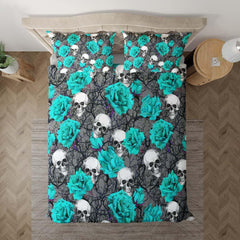 Bright Cyan Skull Rose Pattern Duvet Cover Set - Wonder Skull
