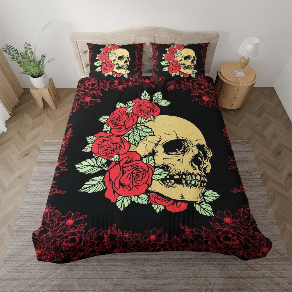 Bright Red Rose Skull Duvet Cover Set - Wonder Skull