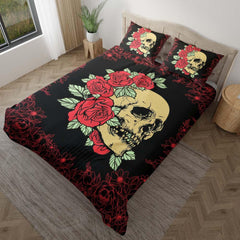 Bright Red Rose Skull Duvet Cover Set - Wonder Skull