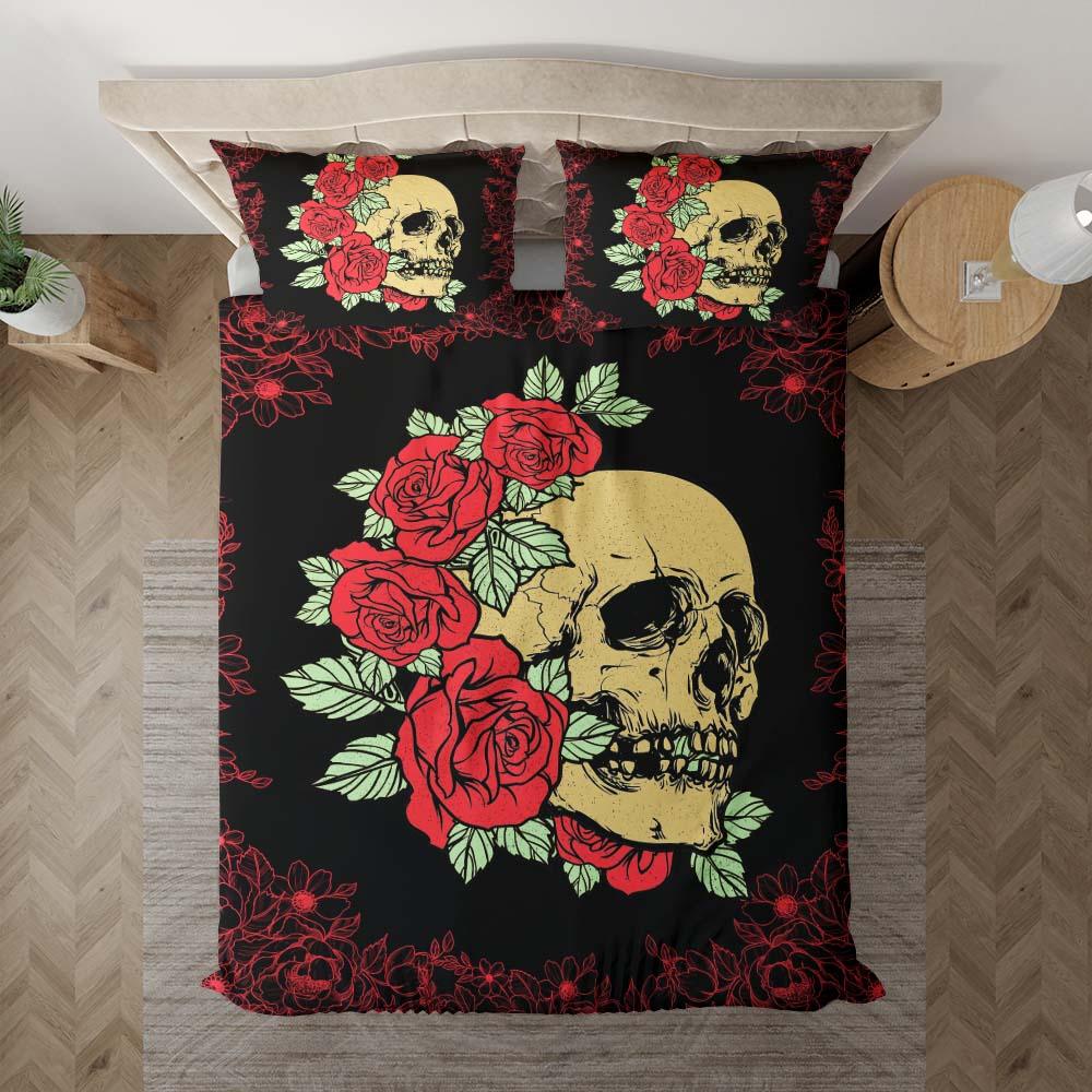 Bright Red Rose Skull Duvet Cover Set - Wonder Skull