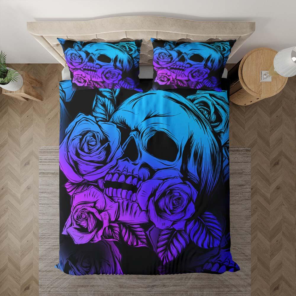 Bright Violet Gradient Skull Rose Duvet Cover Set - Wonder Skull
