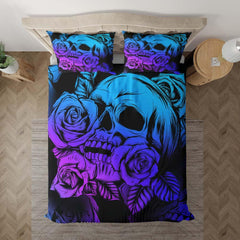 Bright Violet Gradient Skull Rose Duvet Cover Set - Wonder Skull
