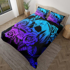 Bright Violet Gradient Skull Rose Duvet Cover Set - Wonder Skull