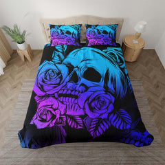 Bright Violet Gradient Skull Rose Duvet Cover Set - Wonder Skull