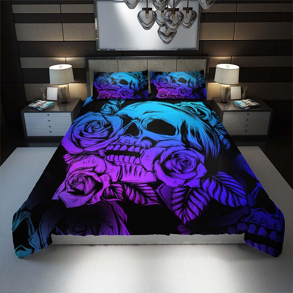 Bright Violet Gradient Skull Rose Duvet Cover Set - Wonder Skull