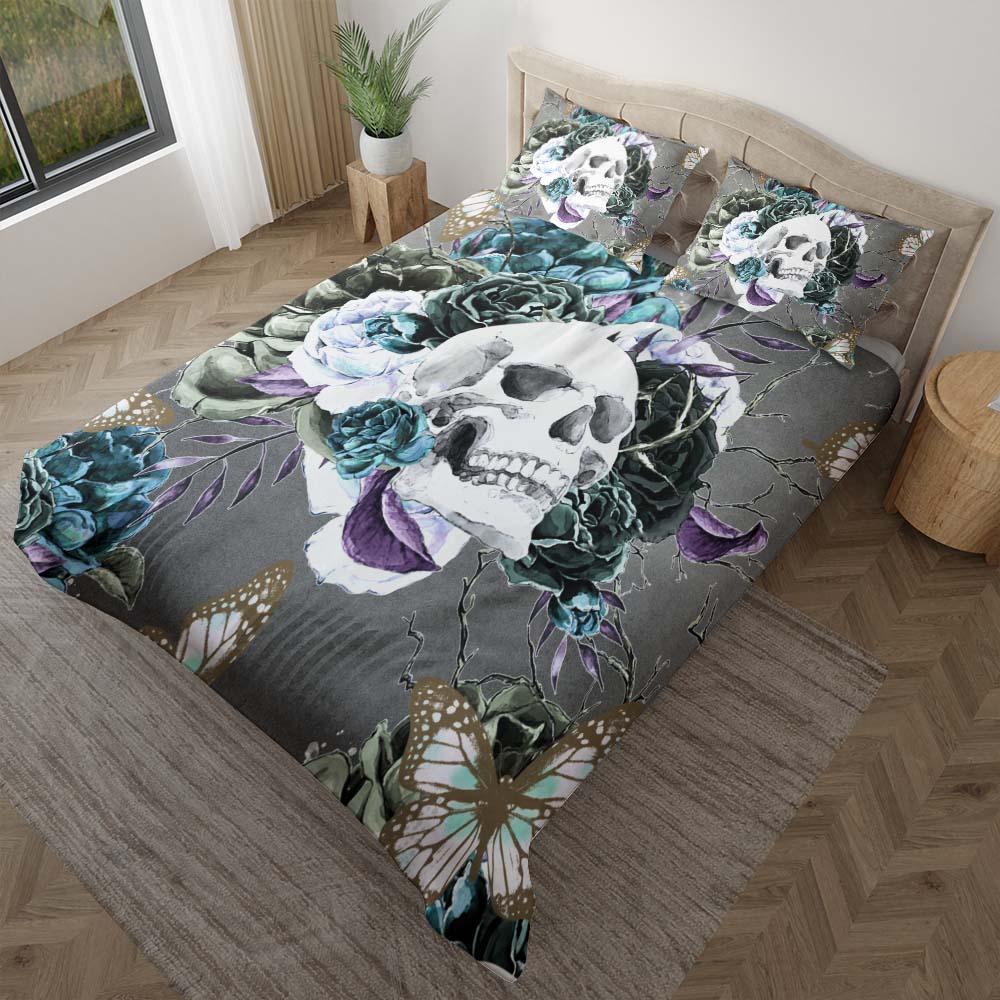 Butterfly Skull Rose Gray Duvet Cover Set - Wonder Skull