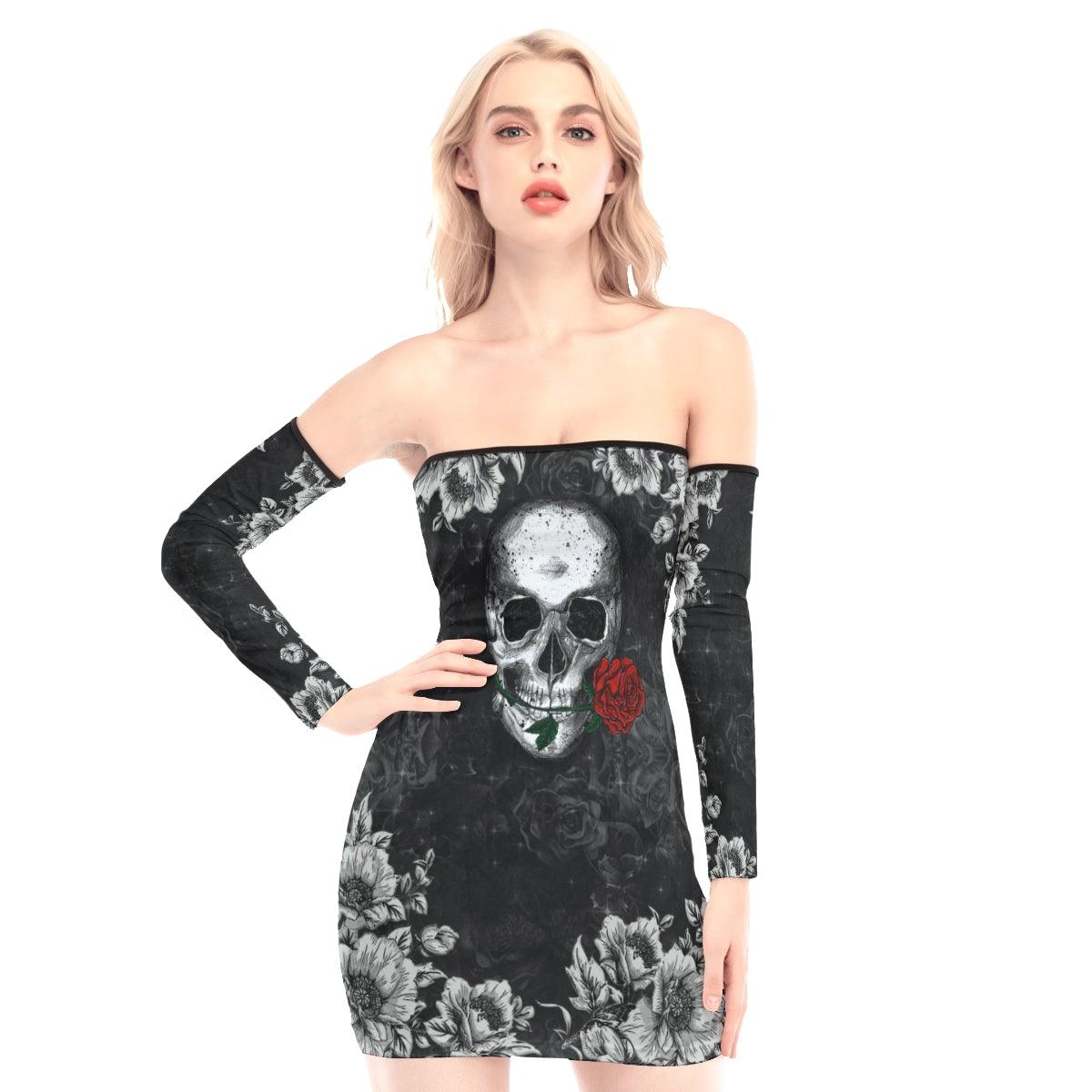 Skull Biting Rose Off-shoulder Back Lace-up Dress - Wonder Skull