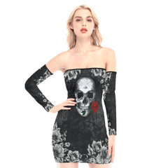 Skull Biting Rose Off-shoulder Back Lace-up Dress - Wonder Skull