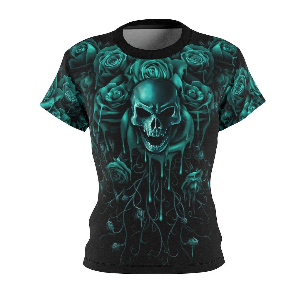 Cyan Skull And Rose Melting All Over Print T-shirt For Women - Wonder Skull
