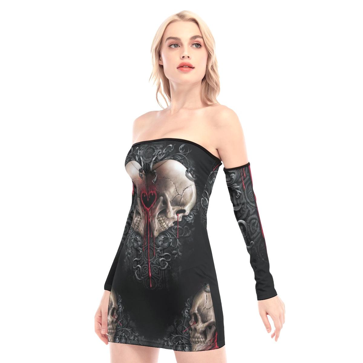 Gothic Skull Heart Off-shoulder Back Lace-up Dress - Wonder Skull
