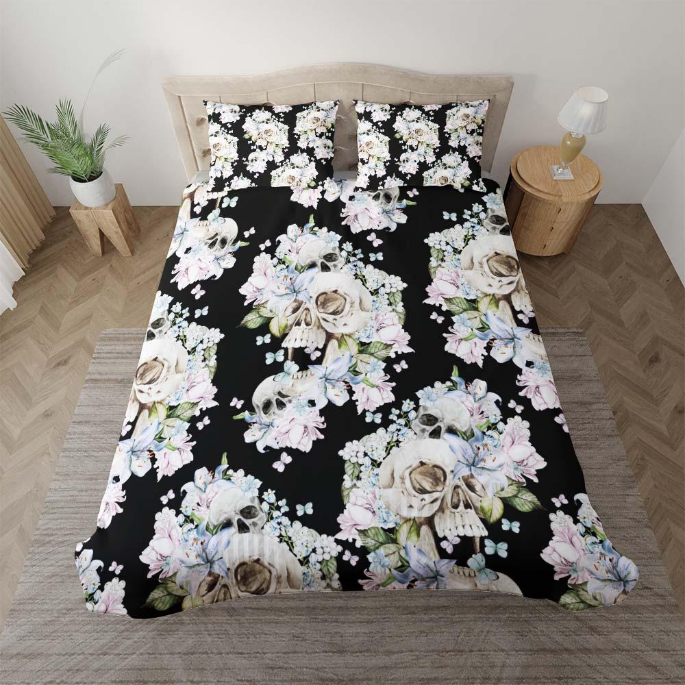 Skull Flower Pattern Duvet Cover Set - Wonder Skull