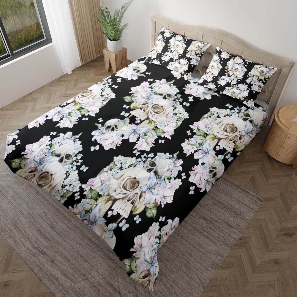 Skull Flower Pattern Duvet Cover Set - Wonder Skull