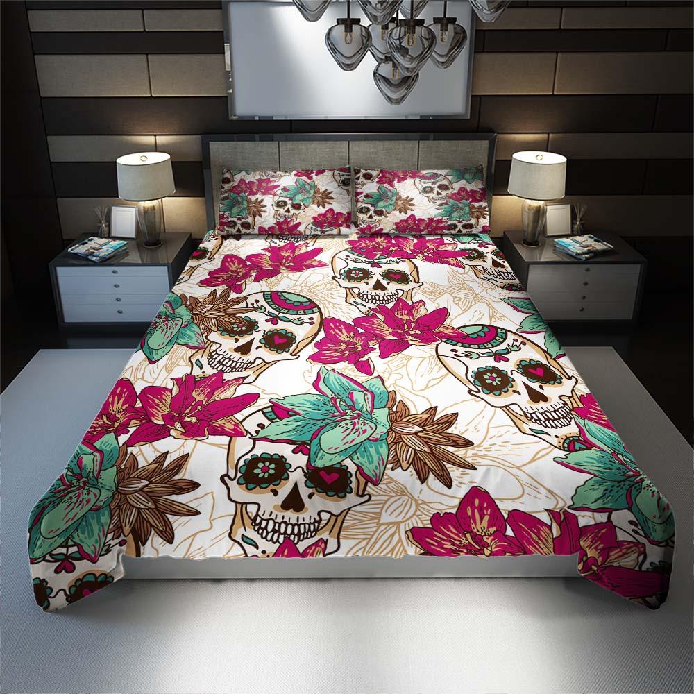 Colorful Sugar Skull Floral White Duvet Cover Set - Wonder Skull