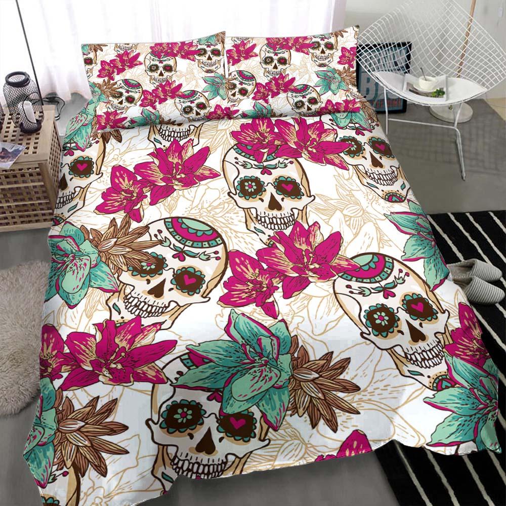 Colorful Sugar Skull Floral White Duvet Cover Set - Wonder Skull