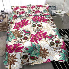 Colorful Sugar Skull Floral White Duvet Cover Set - Wonder Skull