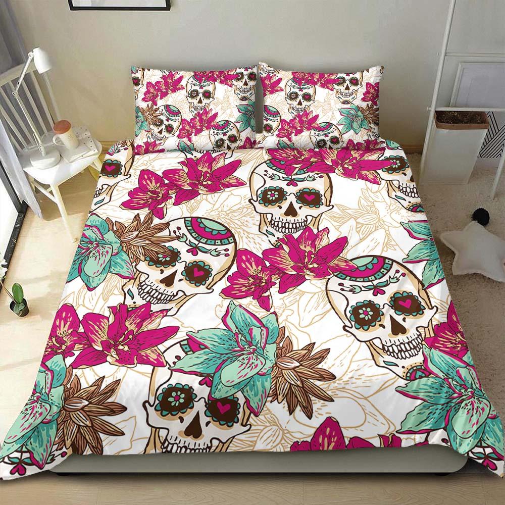 Colorful Sugar Skull Floral White Duvet Cover Set - Wonder Skull