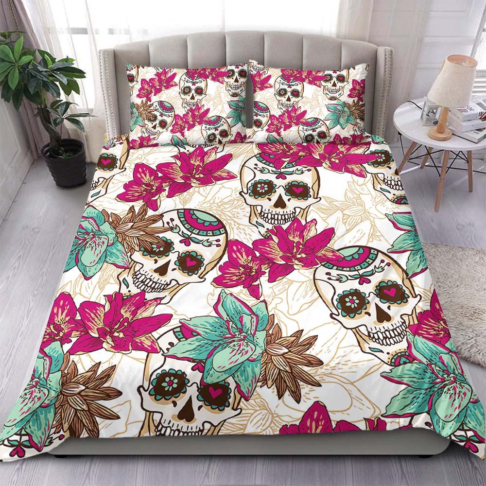 Colorful Sugar Skull Floral White Duvet Cover Set - Wonder Skull