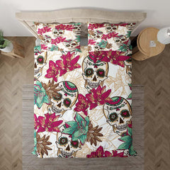 Colorful Sugar Skull Floral White Duvet Cover Set - Wonder Skull