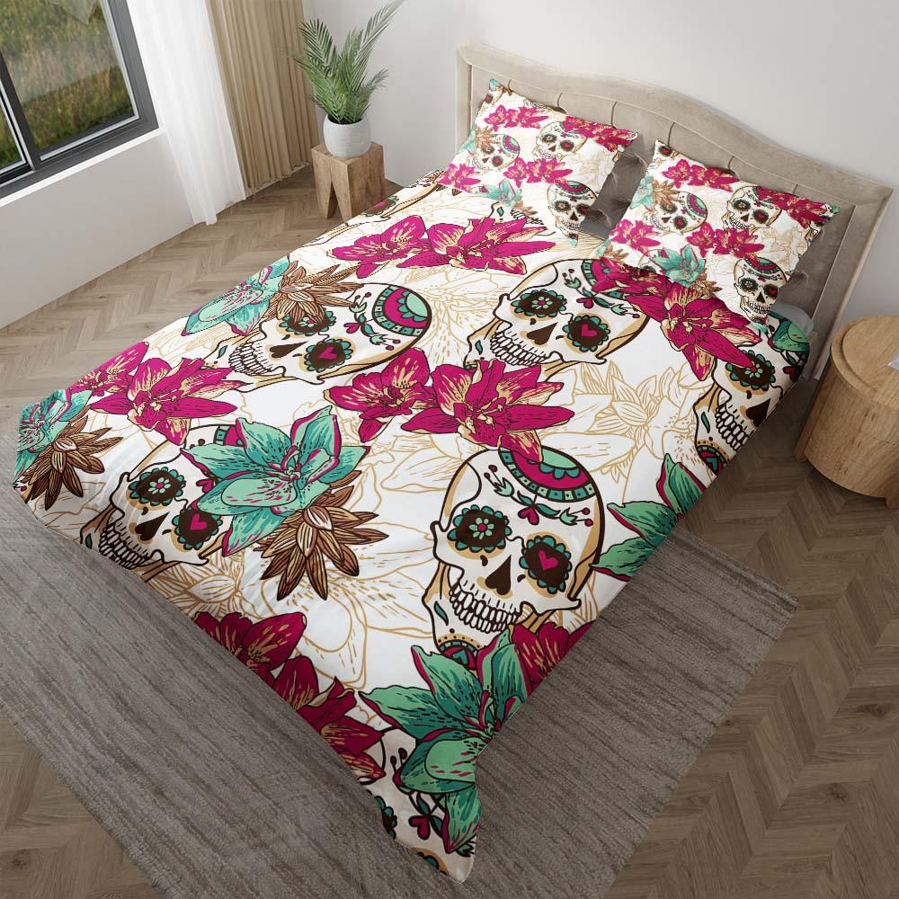 Colorful Sugar Skull Floral White Duvet Cover Set - Wonder Skull
