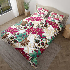 Colorful Sugar Skull Floral White Duvet Cover Set - Wonder Skull