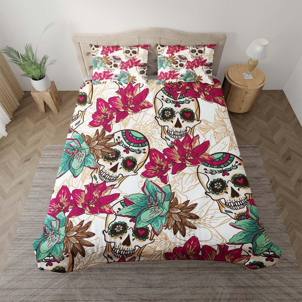 Colorful Sugar Skull Floral White Duvet Cover Set - Wonder Skull