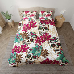 Colorful Sugar Skull Floral White Duvet Cover Set - Wonder Skull