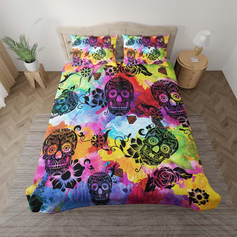 Colorful Tie Dye Luxury Sugar Skull Duvet Cover Set - Wonder Skull