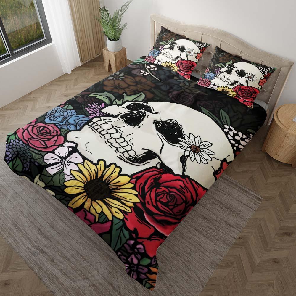 Colorful Wildflowers Skull Duvet Cover Set - Wonder Skull