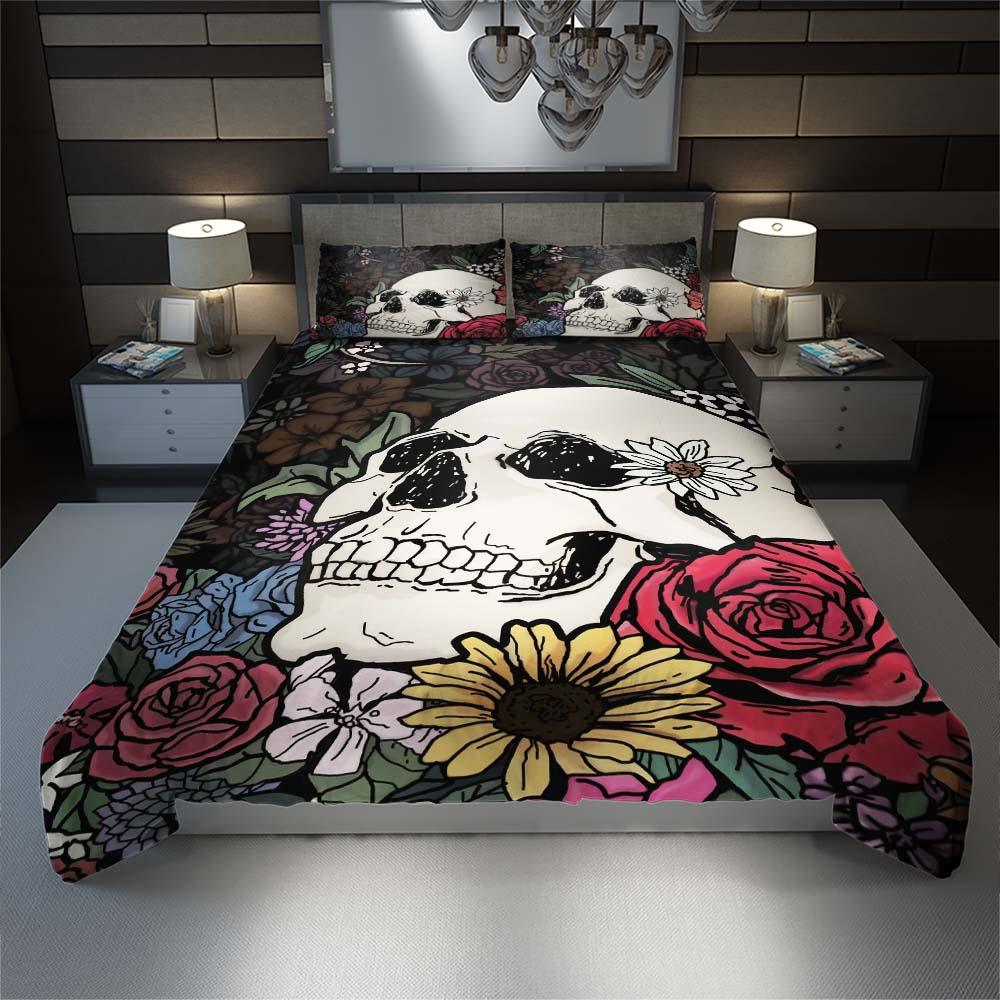 Colorful Wildflowers Skull Duvet Cover Set - Wonder Skull