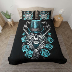 Cool Skull Cowboy Bright Cyan Duvet Cover Set - Wonder Skull