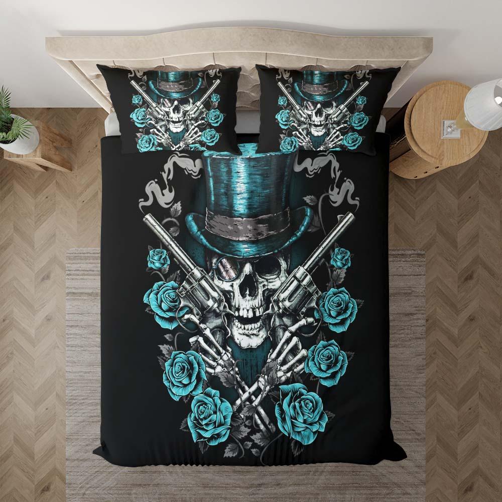 Cool Skull Cowboy Bright Cyan Duvet Cover Set - Wonder Skull