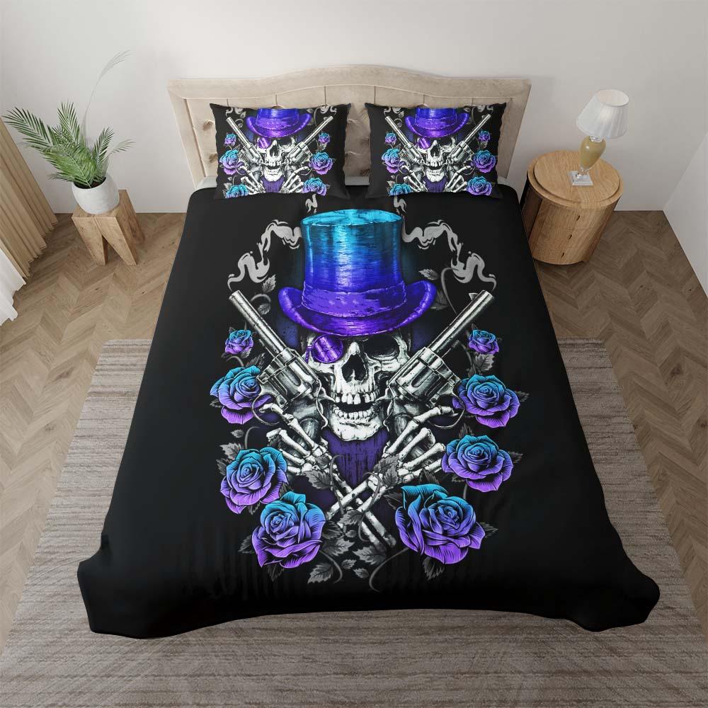 Cool Skull Cowboy Violet Cyan Gradient Duvet Cover Set - Wonder Skull