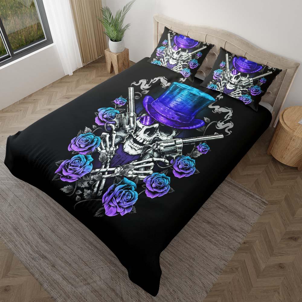 Cool Skull Cowboy Violet Cyan Gradient Duvet Cover Set - Wonder Skull