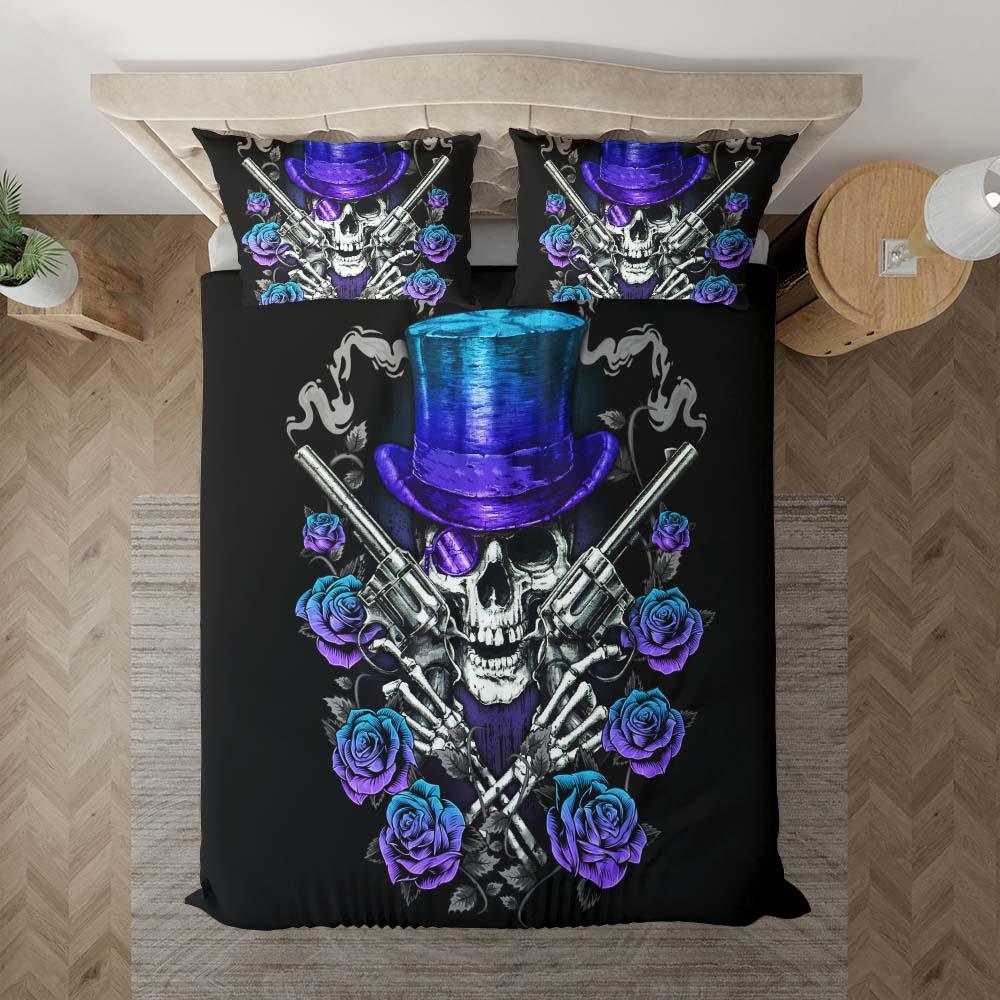 Cool Skull Cowboy Violet Cyan Gradient Duvet Cover Set - Wonder Skull