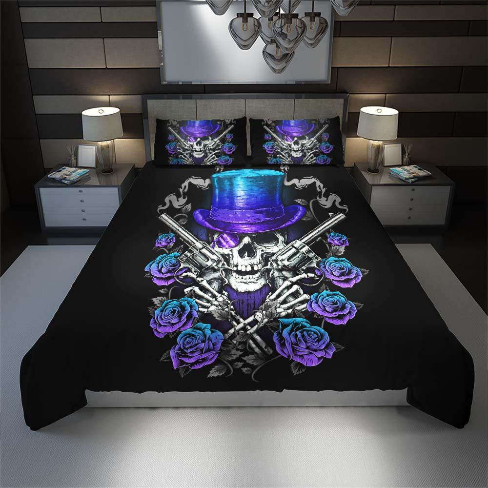 Cool Skull Cowboy Violet Cyan Gradient Duvet Cover Set - Wonder Skull