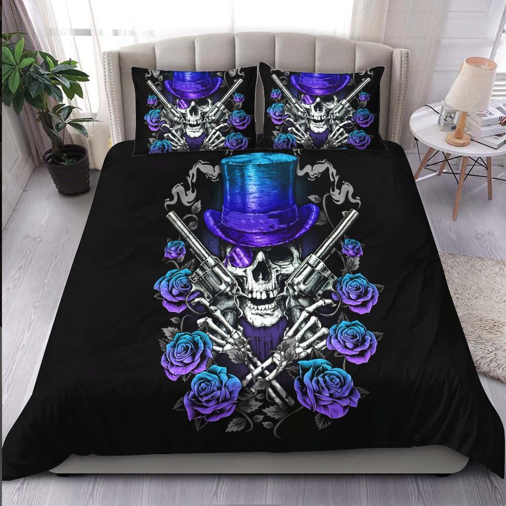 Cool Skull Cowboy Violet Cyan Gradient Duvet Cover Set - Wonder Skull