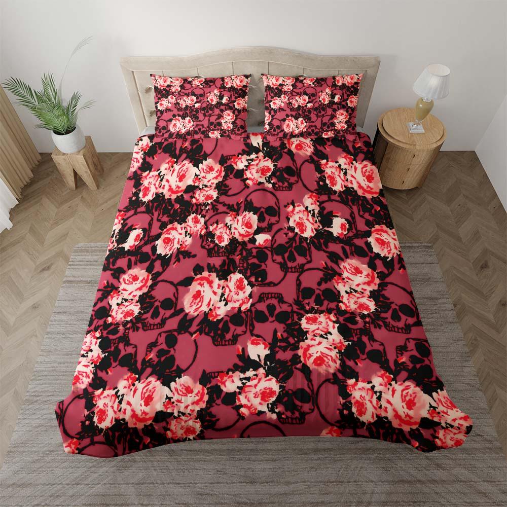 Crimson Skull Floral Pattern Duvet Cover Set - Wonder Skull